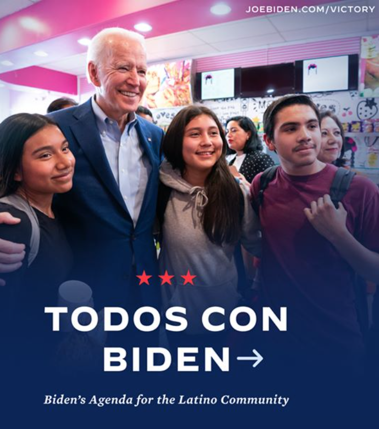 The body of a Biden ad. The ad includes an image of Biden with three adolescents along with the following statement: "TODOS CON BIDEN: Biden's Agenda for the Latino Community."