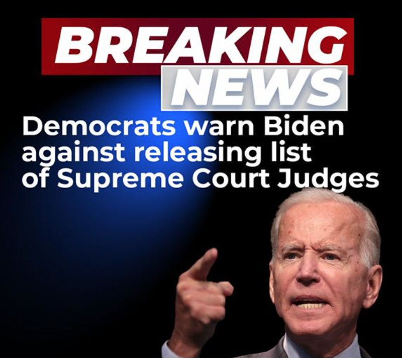 Body of Trump ad. The ad shows Biden pointing a finger towards the camera with an angry expression. The ad body includes the following statement: "BREAKING NEWS: Democrats warn Biden against releasing list of Supreme Court Judges."