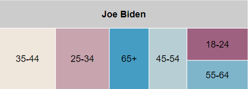 Tree map showing spending by age group for Biden from 6/1/ to 11/8/20 in Arizona. Biden spent the most on ages for 35-44, 25-34, and 65+ year-olds.