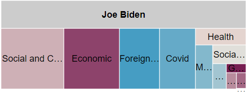 Tree map showing spending by message topic for Biden from 6/1 to 11/8/20 overall.  Biden spent the most on social and cultural, economic, foreign policy, and Covid.